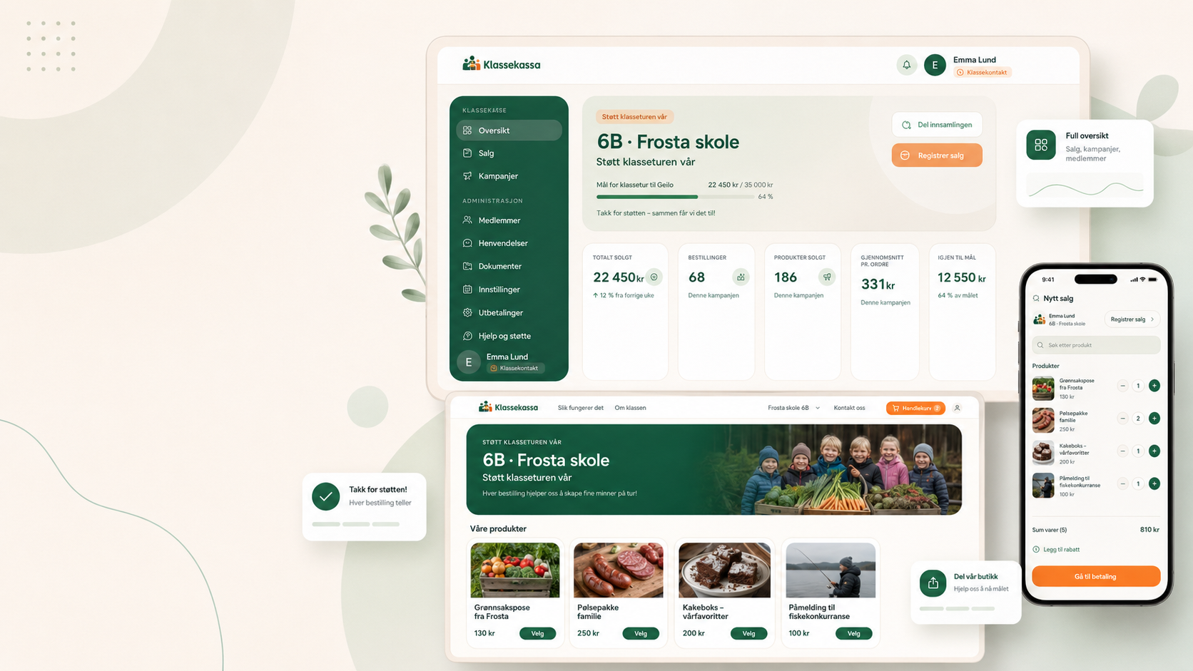 Klassekassa på desktop og mobil – dashboard, butikk og handlekurv