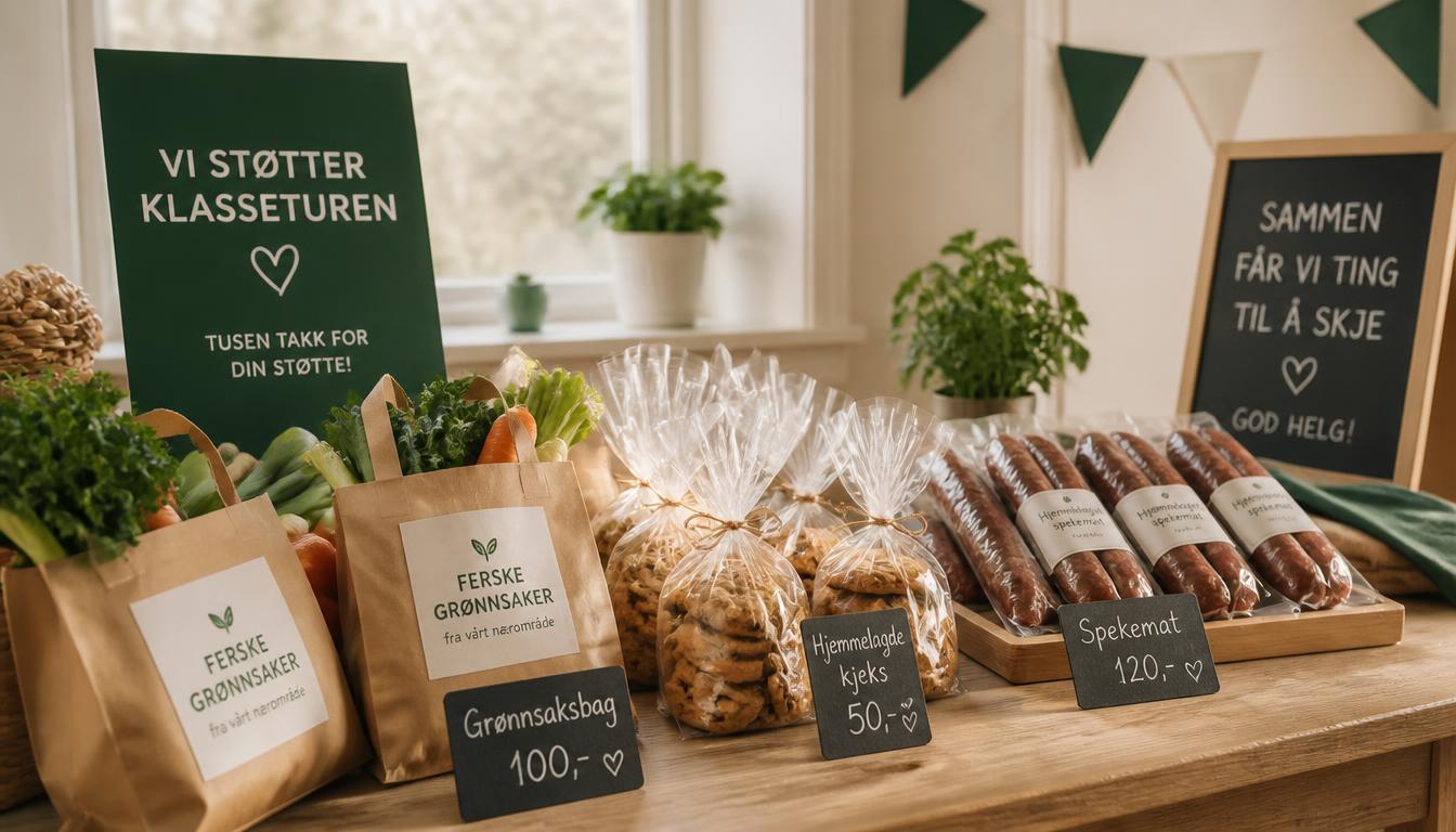 Grønnsaksposer, julekaker og pølser til et klassedugnad-salg